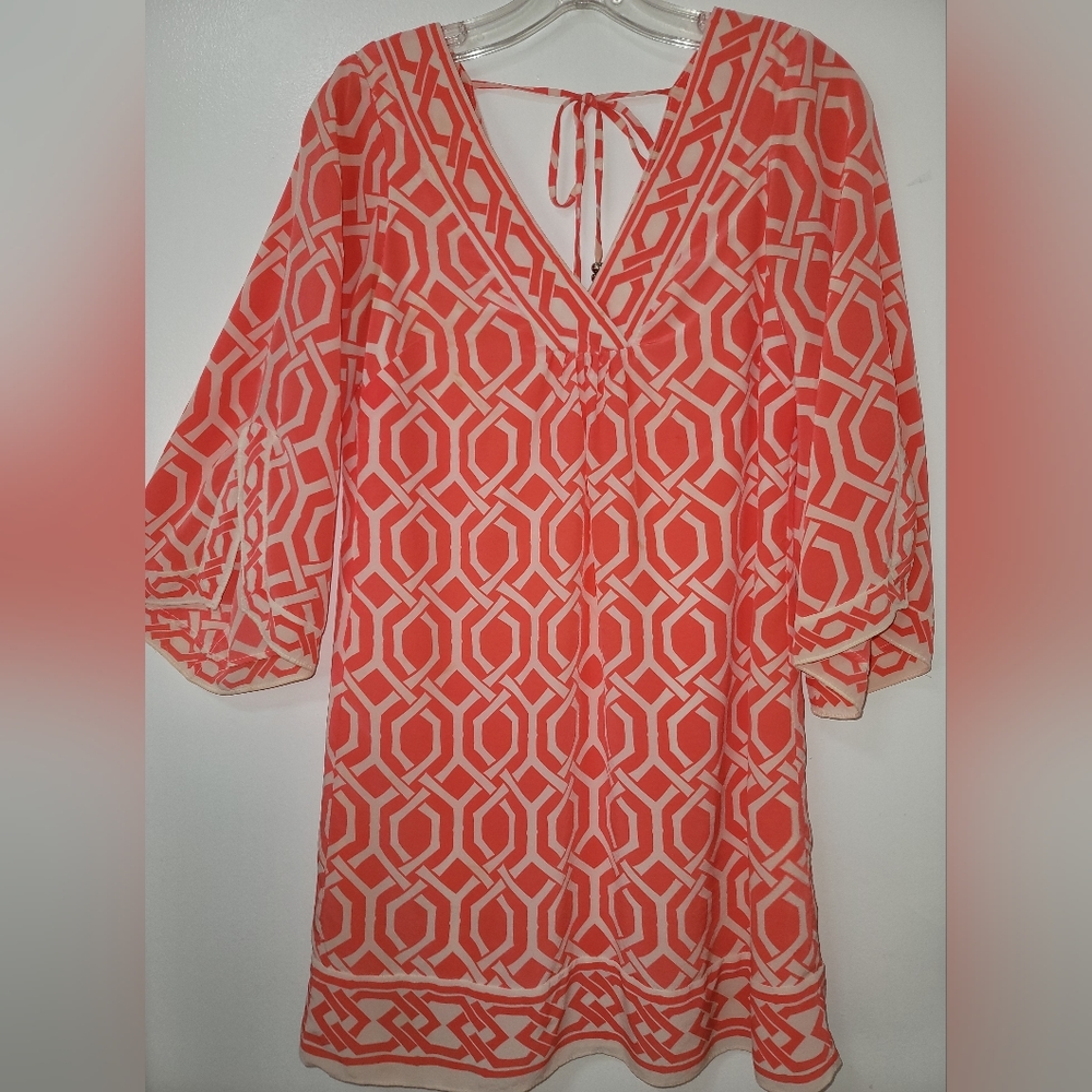 Alice & Trixie 60s Mod Pink White Silk Print Mini Dress Bell Sleeve Shift Small